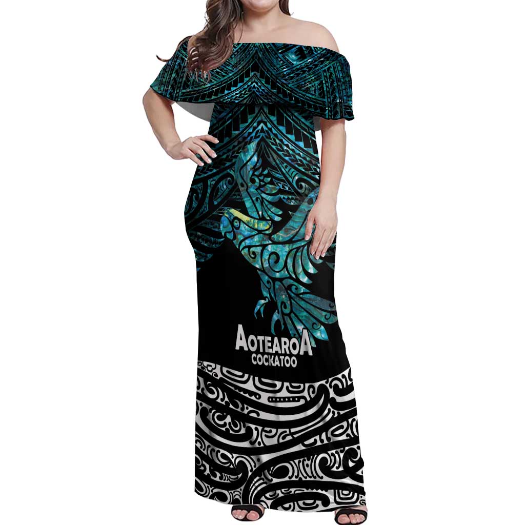 New Zealand Sulphur-crested Cockatoo Off Shoulder Maxi Dress Aotearoa Maori Mix Paua Shell