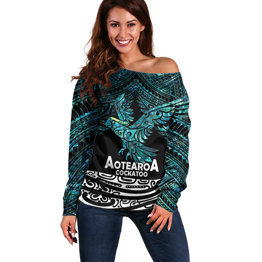 New Zealand Sulphur-crested Cockatoo Off Shoulder Sweater Aotearoa Maori Mix Paua Shell