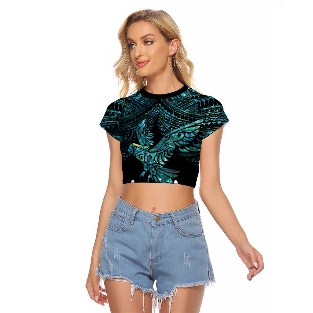 New Zealand Sulphur-crested Cockatoo Raglan Cropped T Shirt Aotearoa Maori Mix Paua Shell LT14 Female Turquoise - Polynesian Pride