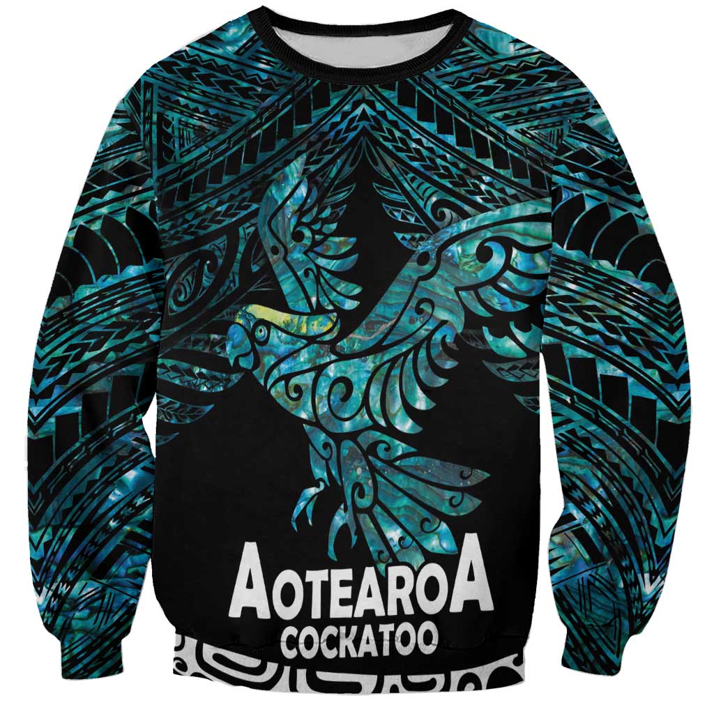New Zealand Sulphur-crested Cockatoo Sweatshirt Aotearoa Maori Mix Paua Shell LT14 Unisex Turquoise - Polynesian Pride