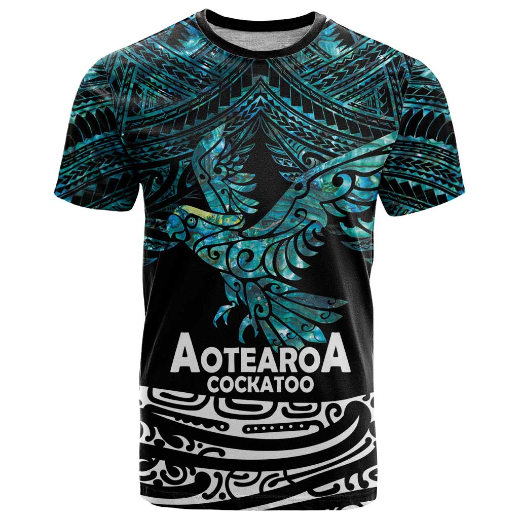 New Zealand Sulphur-crested Cockatoo T Shirt Aotearoa Maori Mix Paua Shell LT14 Turquoise - Polynesian Pride