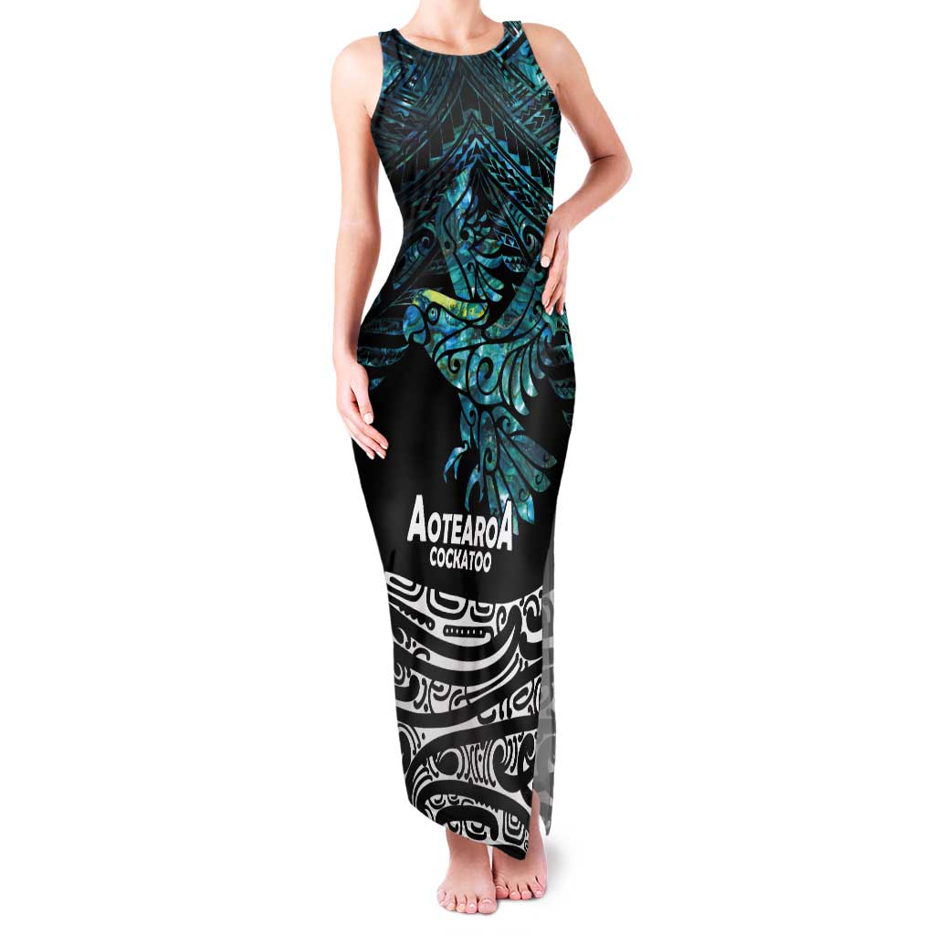 New Zealand Sulphur-crested Cockatoo Tank Maxi Dress Aotearoa Maori Mix Paua Shell LT14 Women Turquoise - Polynesian Pride