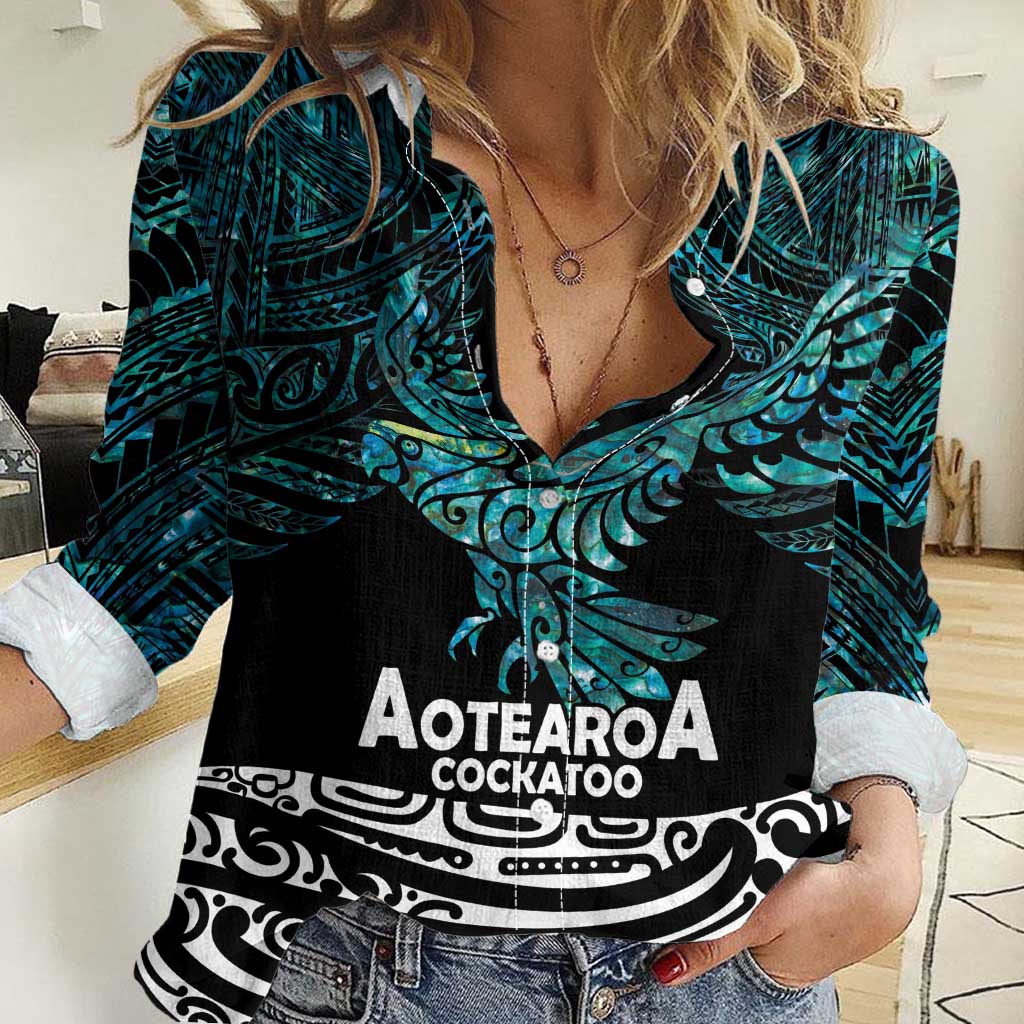 New Zealand Sulphur-crested Cockatoo Women Casual Shirt Aotearoa Maori Mix Paua Shell