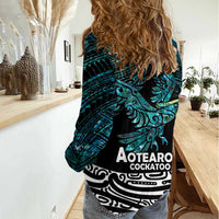 New Zealand Sulphur-crested Cockatoo Women Casual Shirt Aotearoa Maori Mix Paua Shell