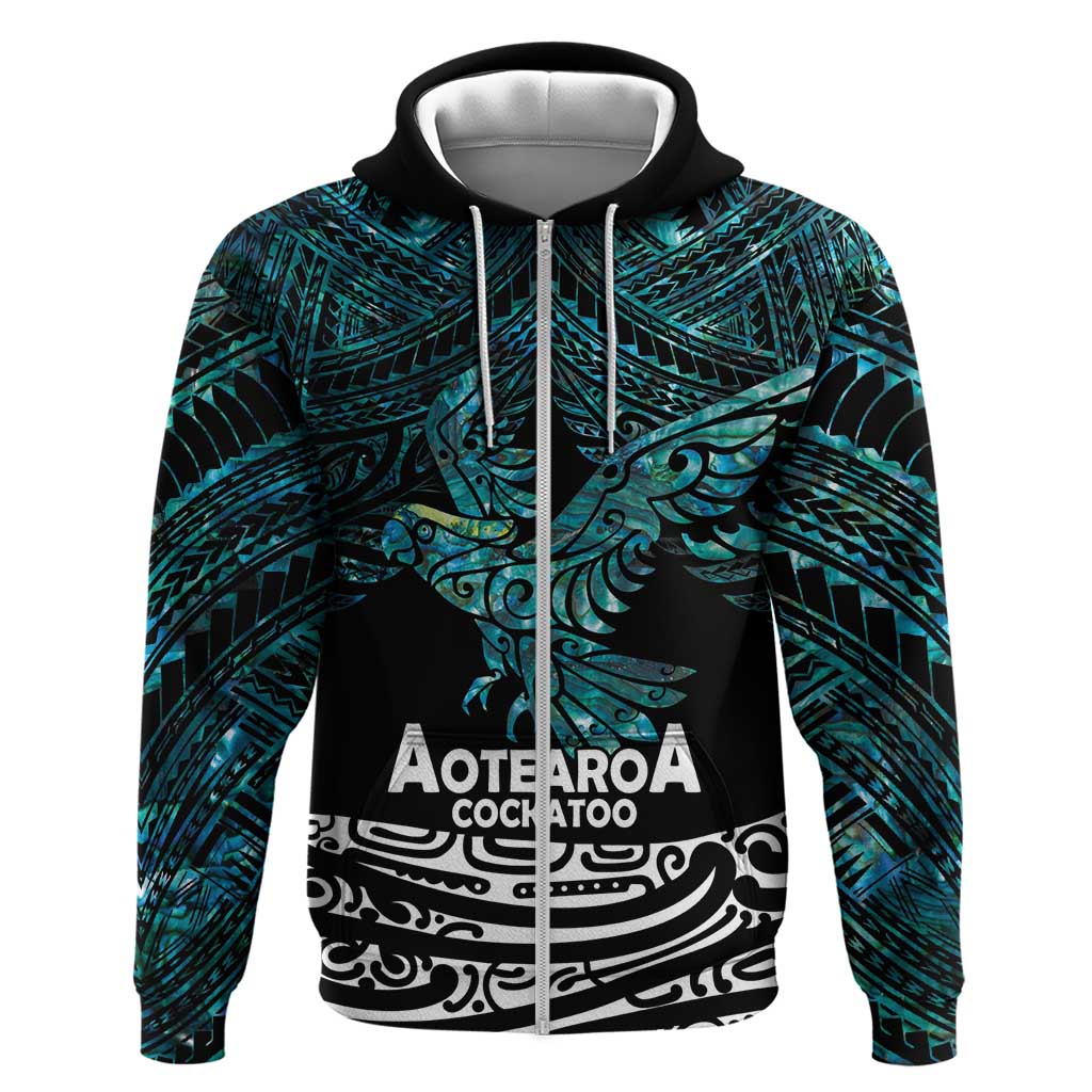 New Zealand Sulphur-crested Cockatoo Zip Hoodie Aotearoa Maori Mix Paua Shell