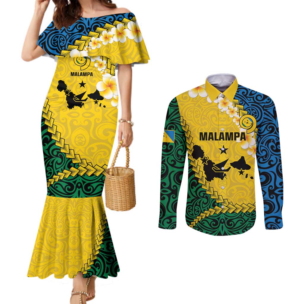 Malampa Province Couples Matching Mermaid Dress and Long Sleeve Button Shirt Vanuatu Map - Plumeria Flag Color LT14 Yellow - Polynesian Pride