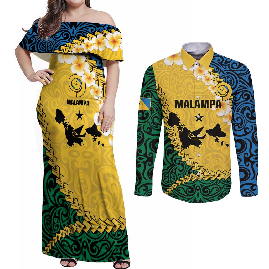 Malampa Province Couples Matching Off Shoulder Maxi Dress and Long Sleeve Button Shirt Vanuatu Map - Plumeria Flag Color LT14 Yellow - Polynesian Pride