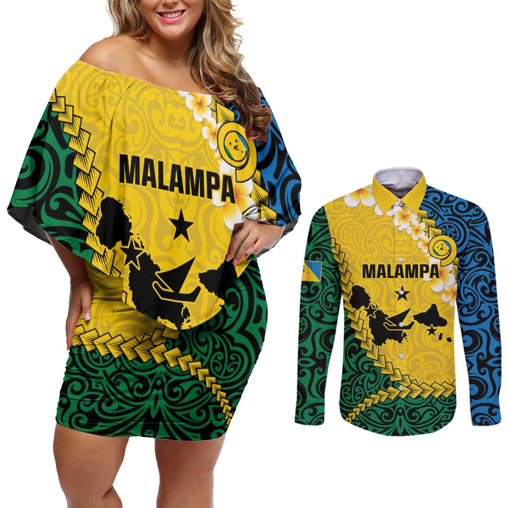 Malampa Province Couples Matching Off Shoulder Short Dress and Long Sleeve Button Shirt Vanuatu Map - Plumeria Flag Color LT14 Yellow - Polynesian Pride