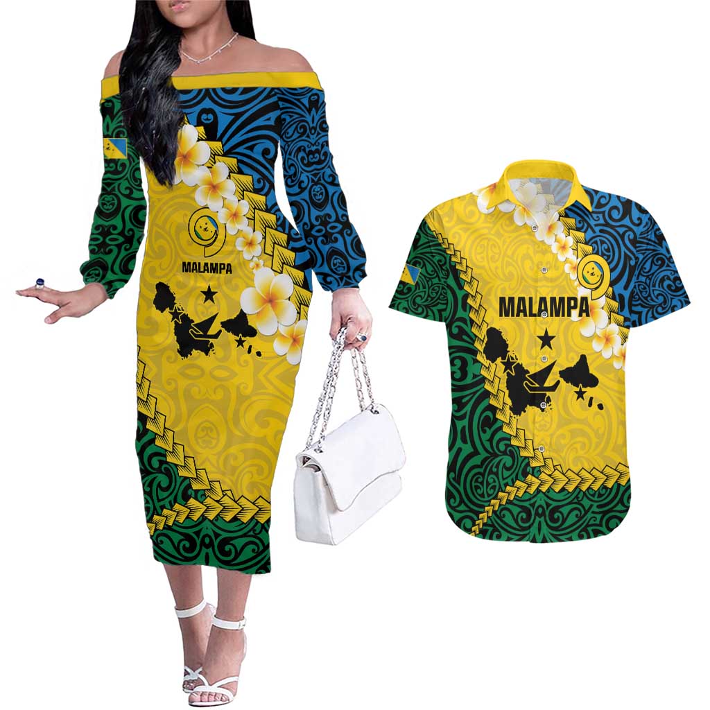 Malampa Province Couples Matching Off The Shoulder Long Sleeve Dress and Hawaiian Shirt Vanuatu Map - Plumeria Flag Color LT14 Yellow - Polynesian Pride