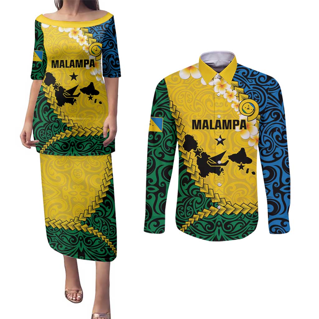 Malampa Province Couples Matching Puletasi and Long Sleeve Button Shirt Vanuatu Map - Plumeria Flag Color LT14 Yellow - Polynesian Pride