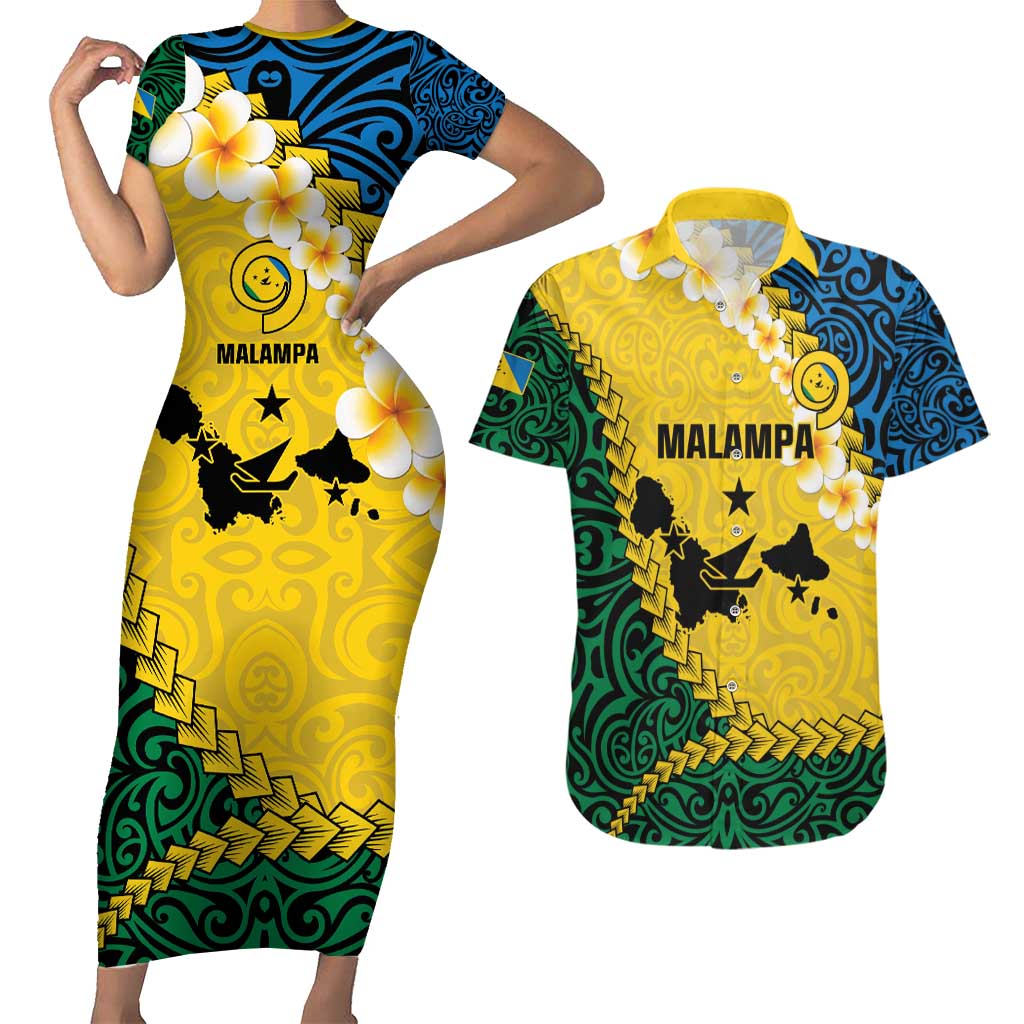 Malampa Province Couples Matching Short Sleeve Bodycon Dress and Hawaiian Shirt Vanuatu Map - Plumeria Flag Color LT14 Yellow - Polynesian Pride