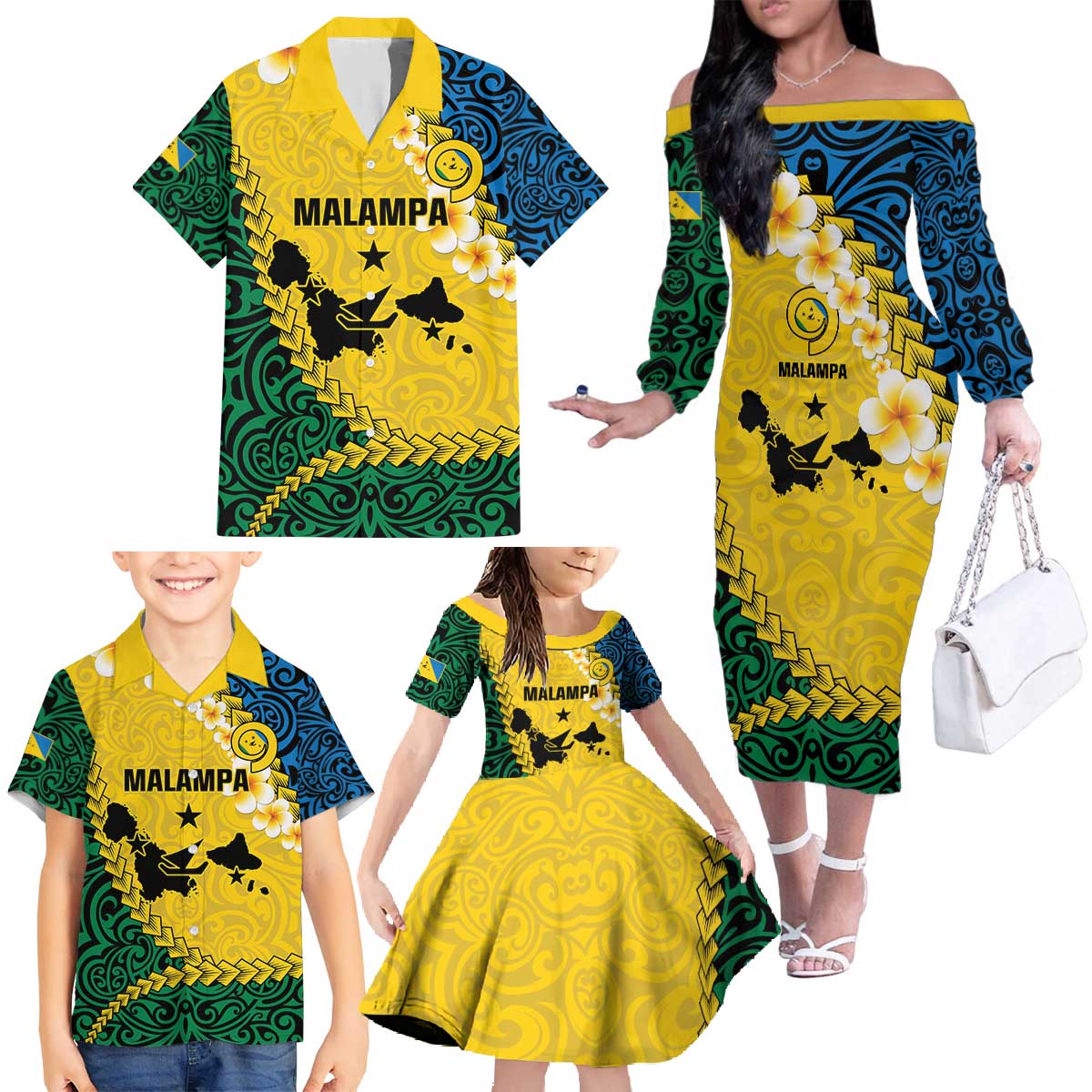 Malampa Province Family Matching Off The Shoulder Long Sleeve Dress and Hawaiian Shirt Vanuatu Map - Plumeria Flag Color