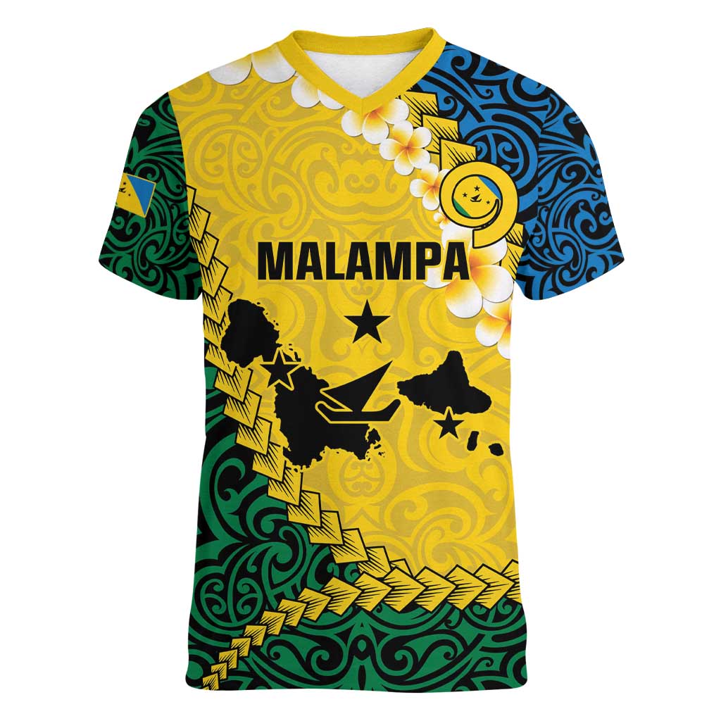 Malampa Province Women V-Neck T-Shirt Vanuatu Map - Plumeria Flag Color LT14 Female Yellow - Polynesian Pride