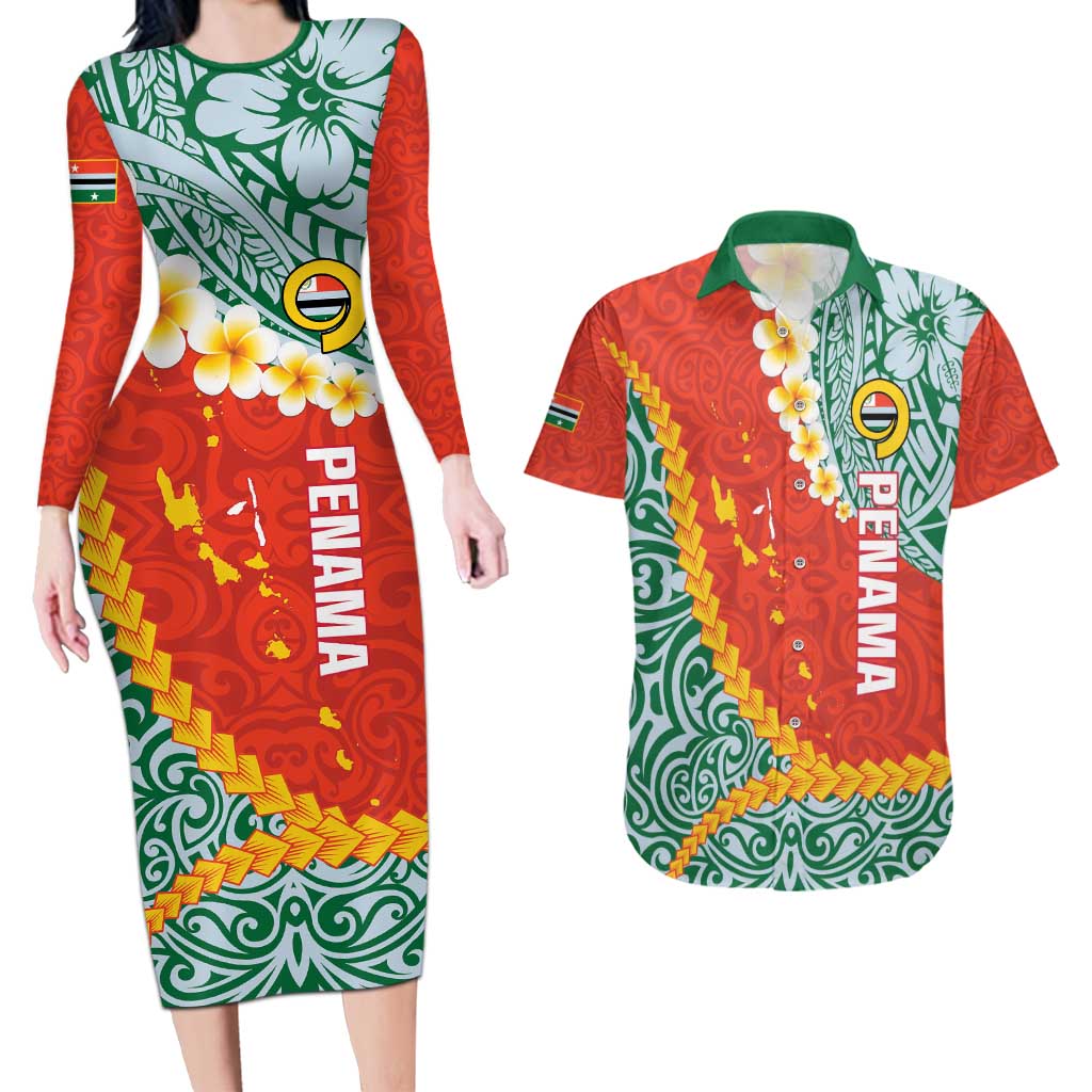 Penama Province Couples Matching Long Sleeve Bodycon Dress and Hawaiian Shirt Vanuatu Map - Plumeria Flag Color