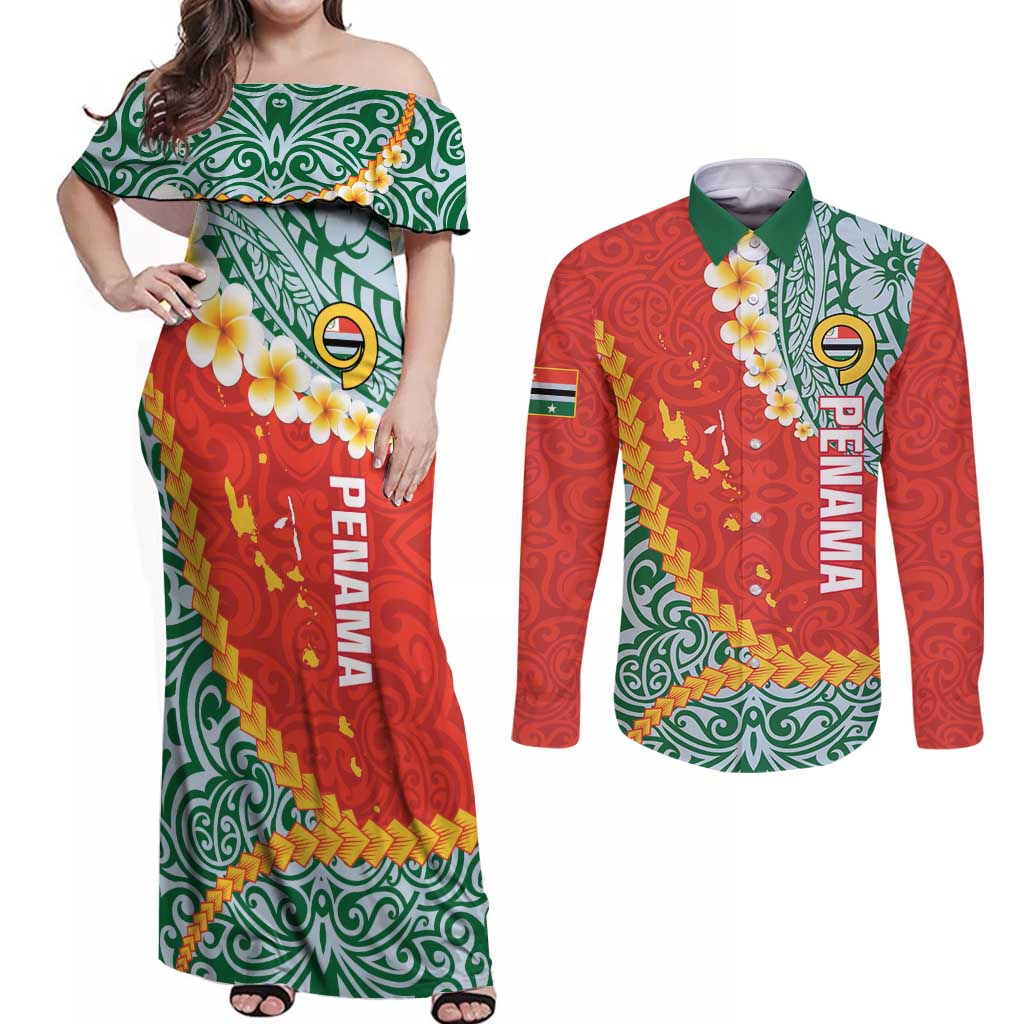 Penama Province Couples Matching Off Shoulder Maxi Dress and Long Sleeve Button Shirt Vanuatu Map - Plumeria Flag Color LT14 Red - Polynesian Pride