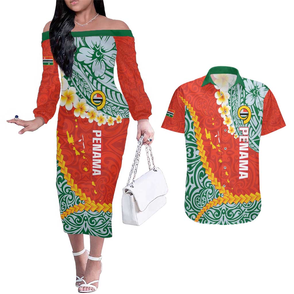 Penama Province Couples Matching Off The Shoulder Long Sleeve Dress and Hawaiian Shirt Vanuatu Map - Plumeria Flag Color LT14 Red - Polynesian Pride