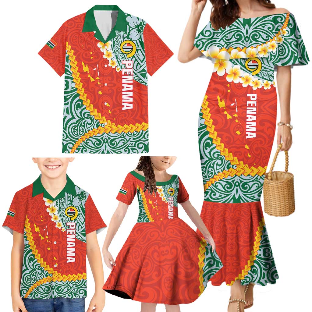 Penama Province Family Matching Mermaid Dress and Hawaiian Shirt Vanuatu Map - Plumeria Flag Color