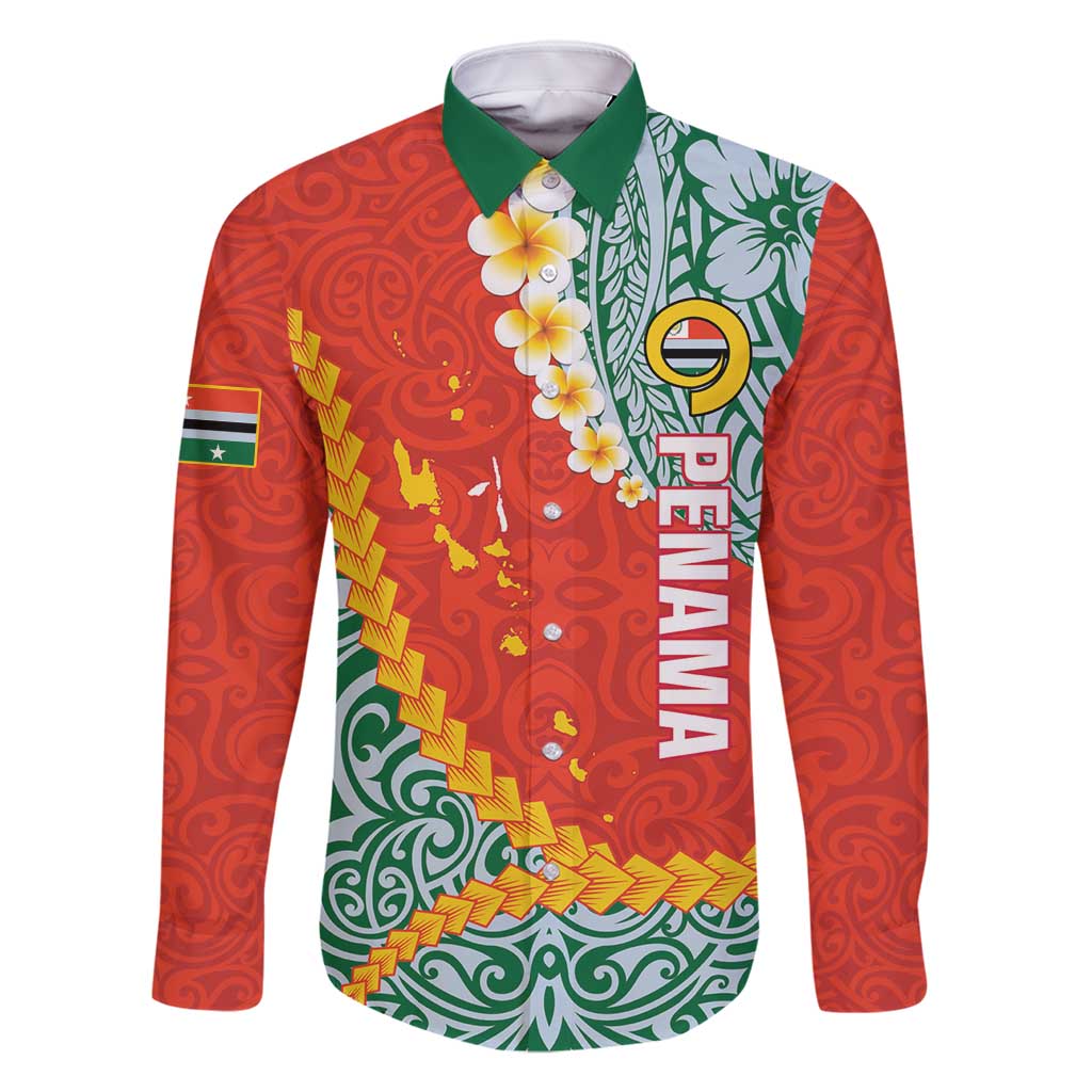 Penama Province Family Matching Off Shoulder Maxi Dress and Hawaiian Shirt Vanuatu Map - Plumeria Flag Color LT14 Dad's Shirt - Long Sleeve Red - Polynesian Pride