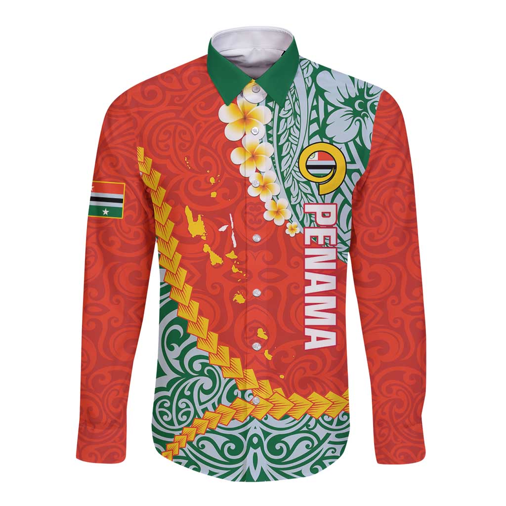 Penama Province Long Sleeve Button Shirt Vanuatu Map - Plumeria Flag Color