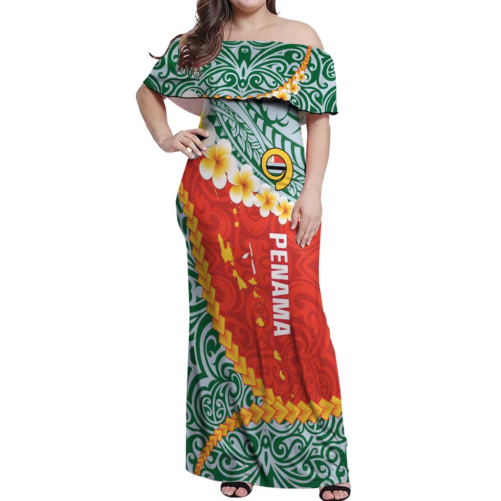 Penama Province Off Shoulder Maxi Dress Vanuatu Map - Plumeria Flag Color LT14 Women Red - Polynesian Pride