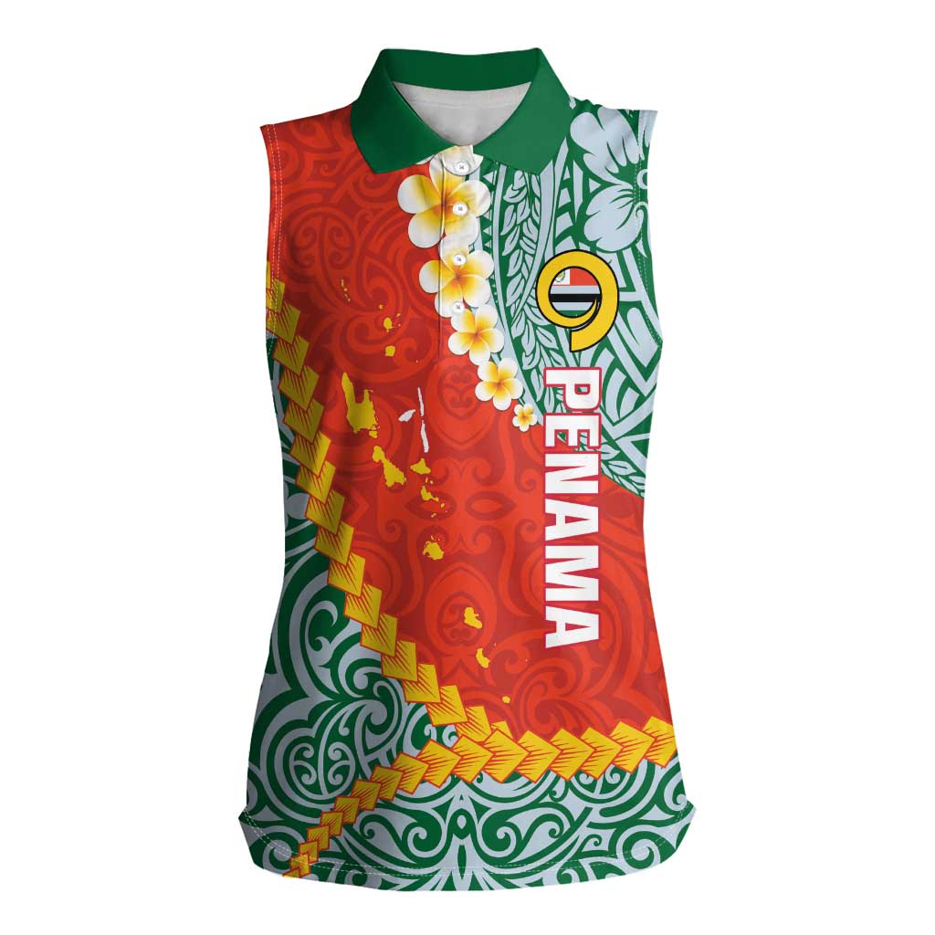 Penama Province Women Sleeveless Polo Shirt Vanuatu Map - Plumeria Flag Color