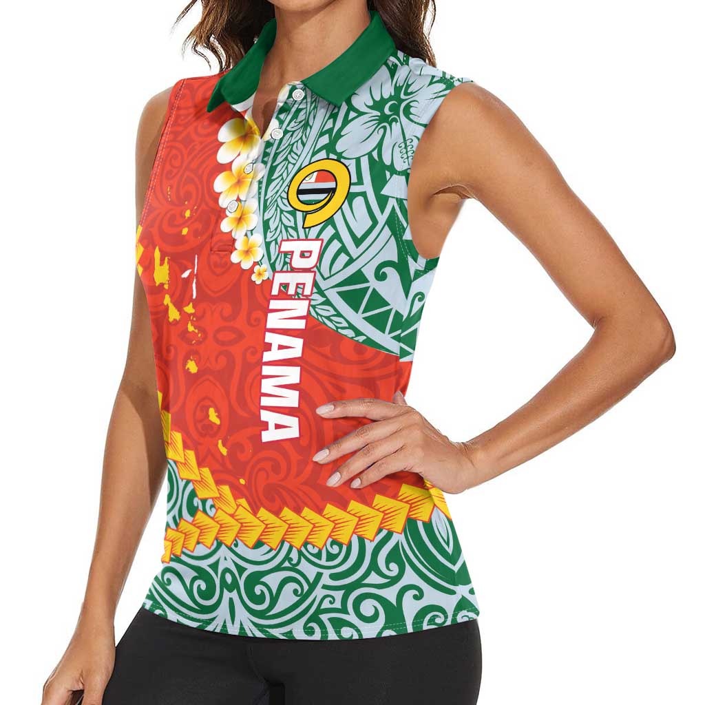 Penama Province Women Sleeveless Polo Shirt Vanuatu Map - Plumeria Flag Color