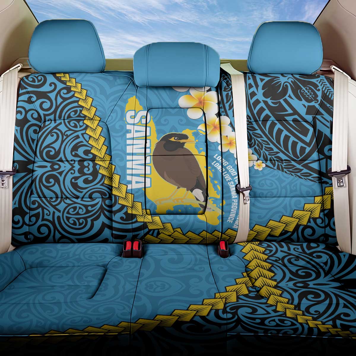 Sanma Province Back Car Seat Cover Vanuatu Pattern Myna Bird - Plumeria Flag Color