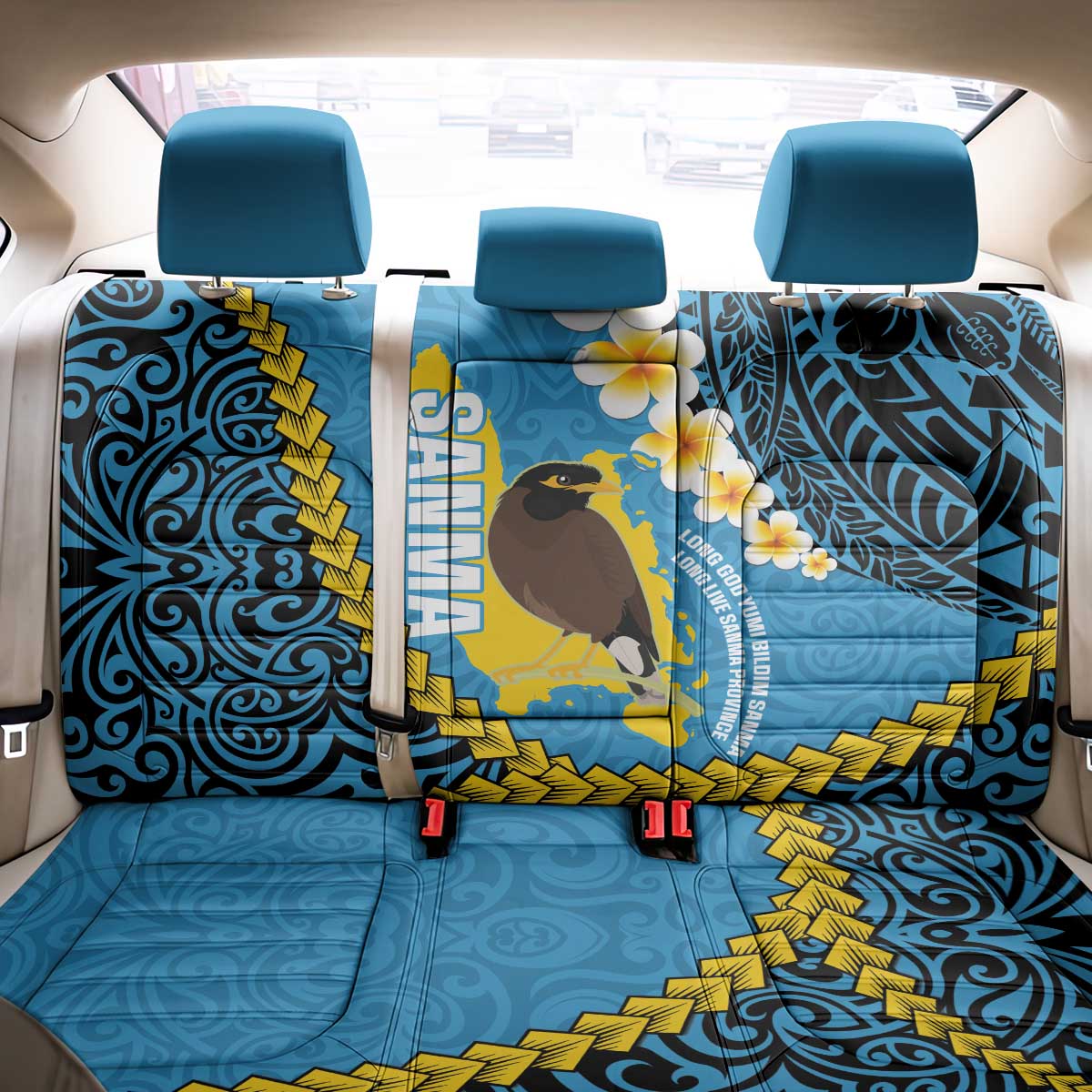 Sanma Province Back Car Seat Cover Vanuatu Pattern Myna Bird - Plumeria Flag Color