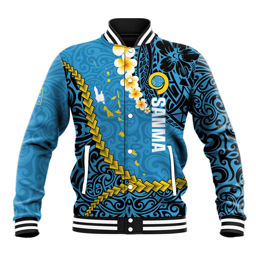 Sanma Province Baseball Jacket Vanuatu Pattern Myna Bird - Plumeria Flag Color LT14 Unisex Blue - Polynesian Pride