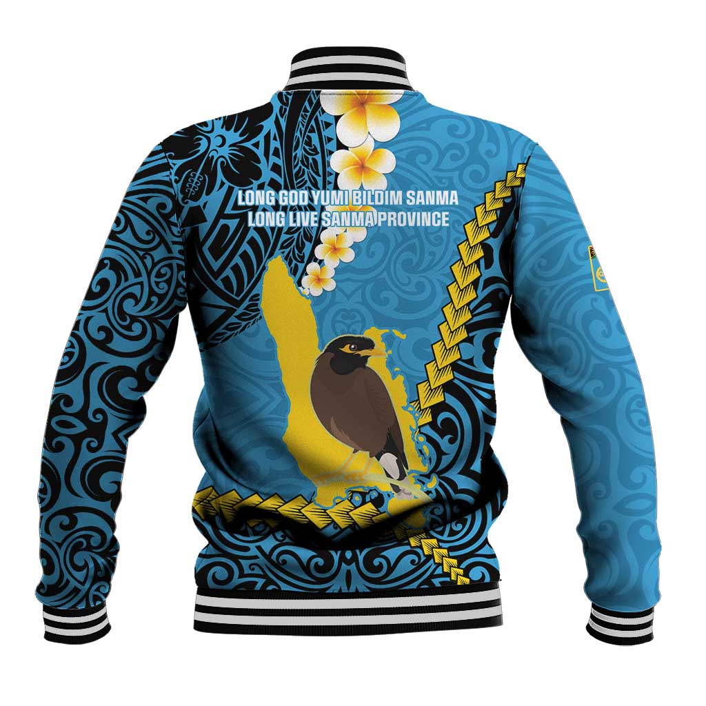 Sanma Province Baseball Jacket Vanuatu Pattern Myna Bird - Plumeria Flag Color LT14 - Polynesian Pride