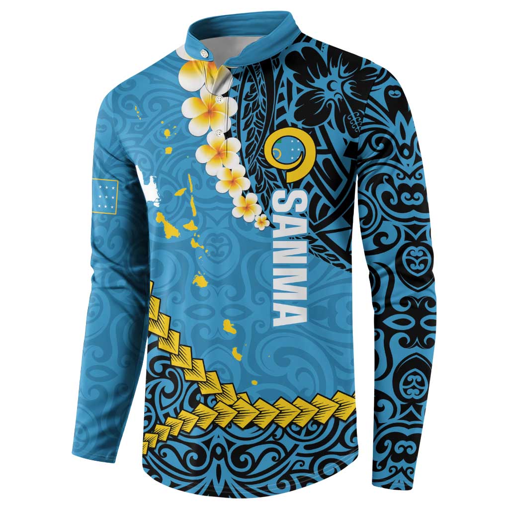 Sanma Province Button Sweatshirt Vanuatu Pattern Myna Bird - Plumeria Flag Color LT14 - Polynesian Pride