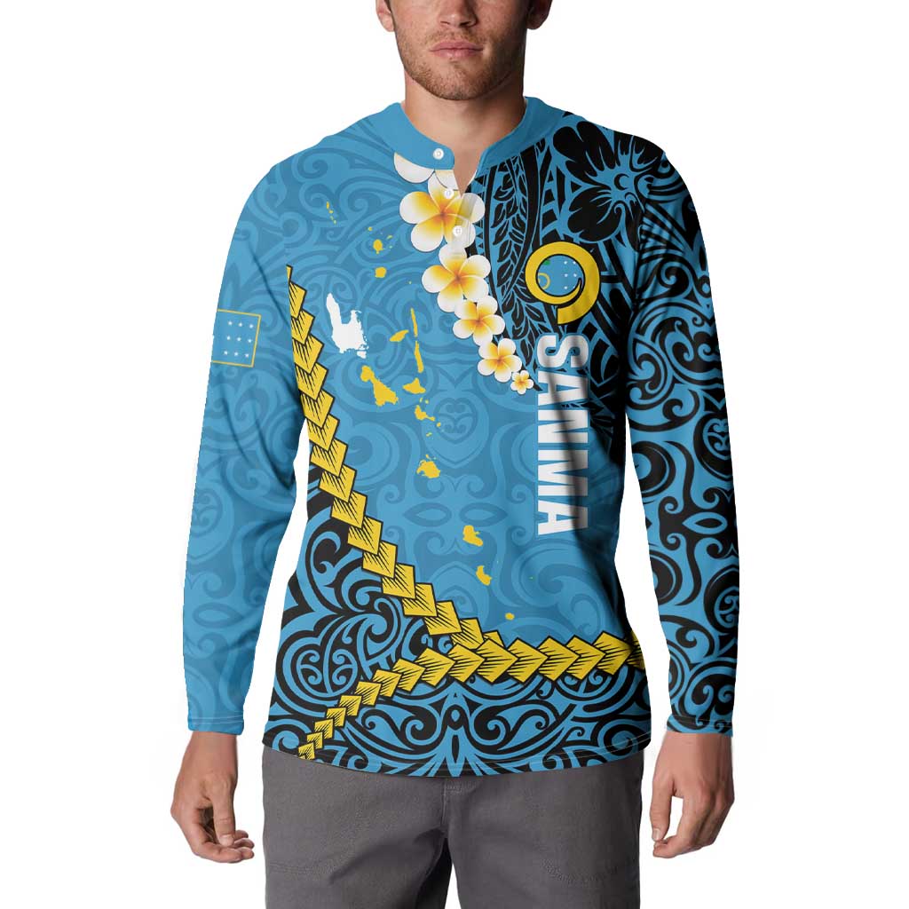 Sanma Province Button Sweatshirt Vanuatu Pattern Myna Bird - Plumeria Flag Color LT14 - Polynesian Pride