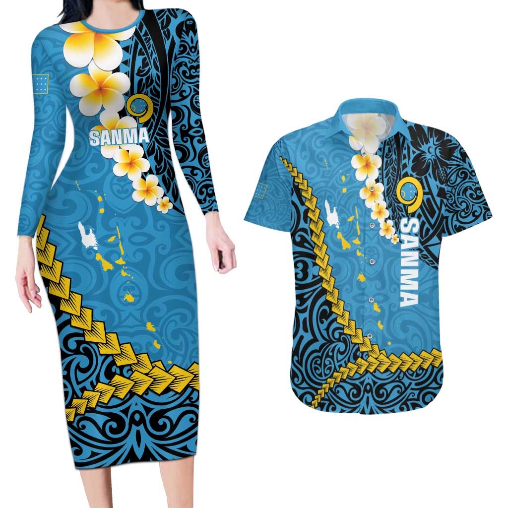 Sanma Province Couples Matching Long Sleeve Bodycon Dress and Hawaiian Shirt Vanuatu Pattern Myna Bird - Plumeria Flag Color