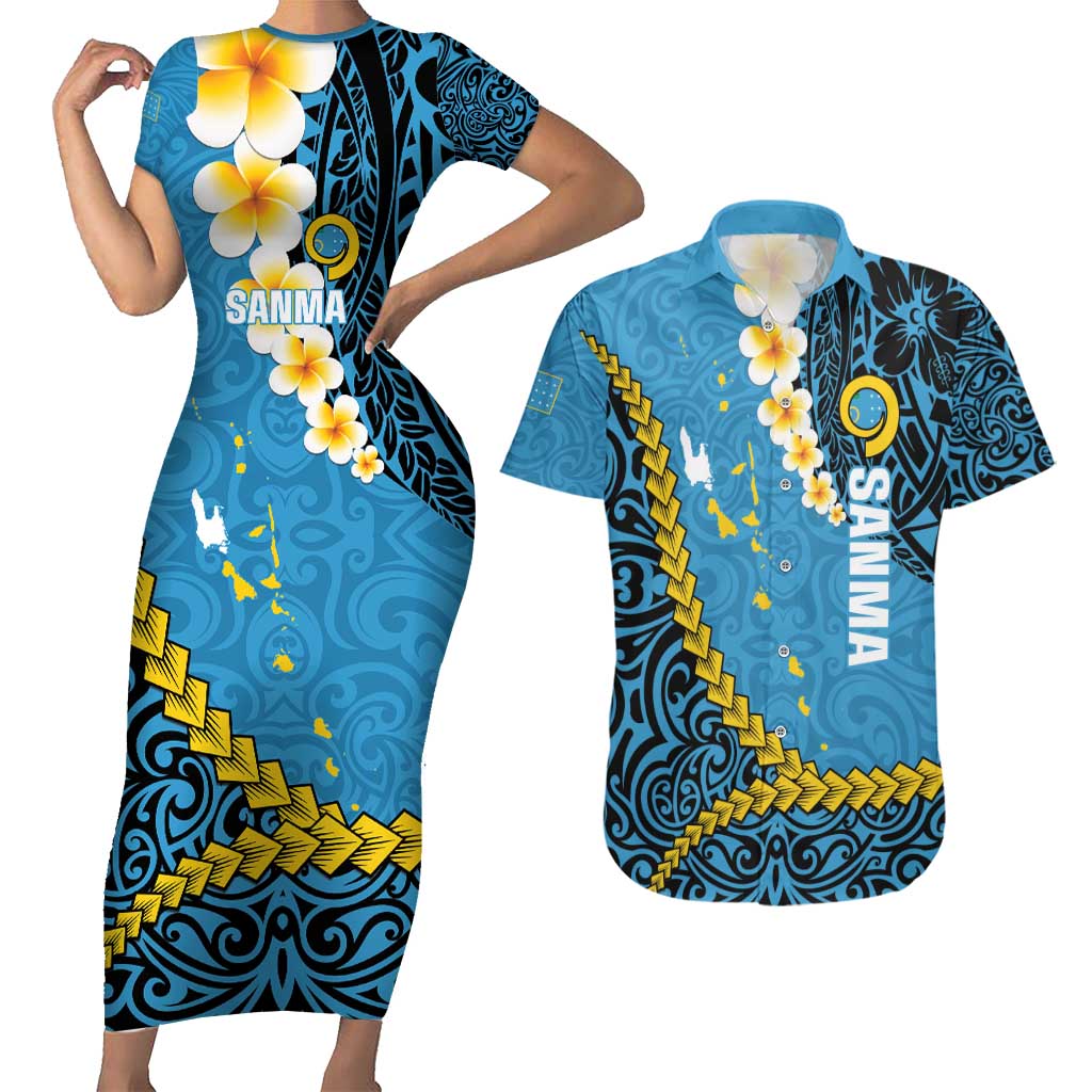 Sanma Province Couples Matching Short Sleeve Bodycon Dress and Hawaiian Shirt Vanuatu Pattern Myna Bird - Plumeria Flag Color