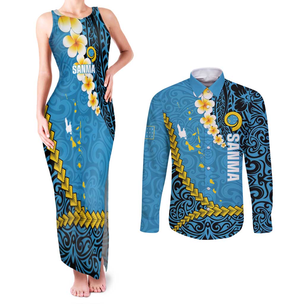 Sanma Province Couples Matching Tank Maxi Dress and Long Sleeve Button Shirt Vanuatu Pattern Myna Bird - Plumeria Flag Color LT14 Blue - Polynesian Pride