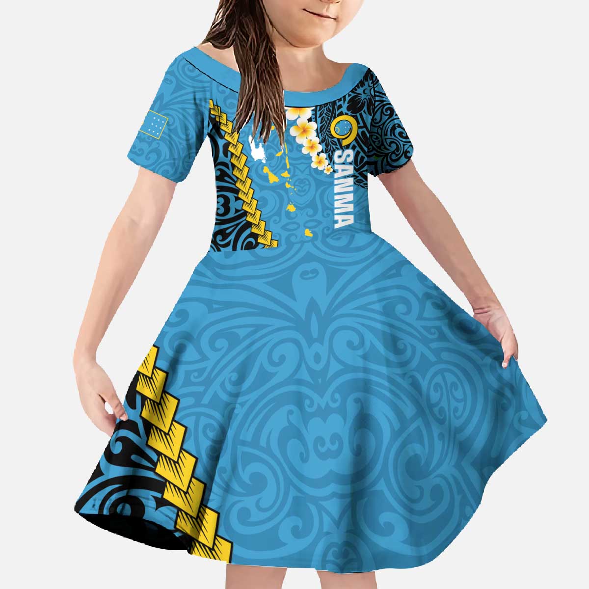 Sanma Province Family Matching Off The Shoulder Long Sleeve Dress and Hawaiian Shirt Vanuatu Pattern Myna Bird - Plumeria Flag Color