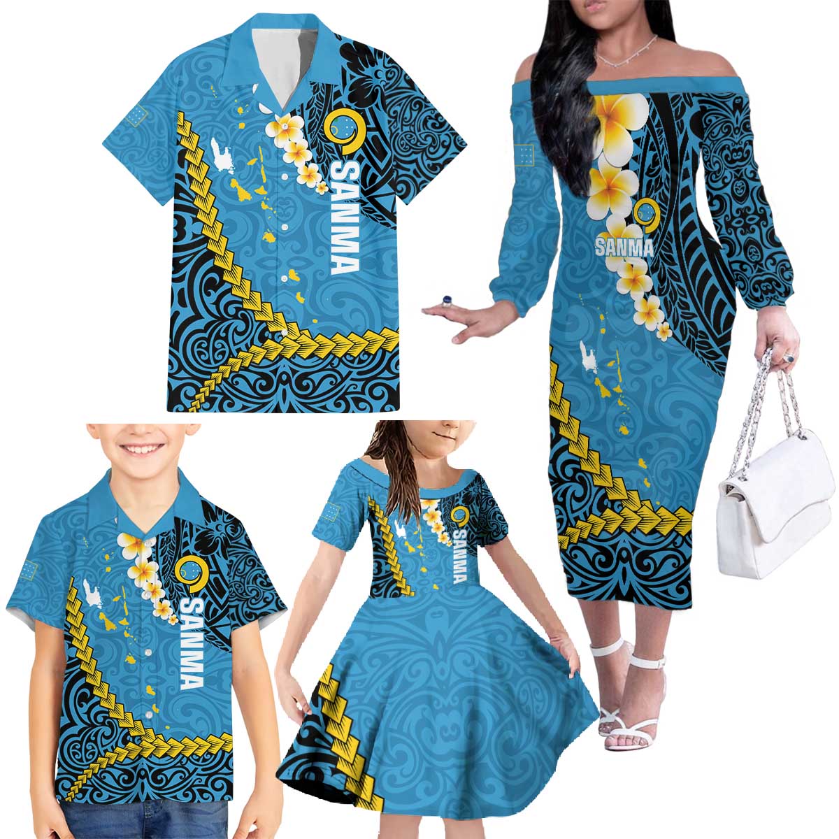 Sanma Province Family Matching Off The Shoulder Long Sleeve Dress and Hawaiian Shirt Vanuatu Pattern Myna Bird - Plumeria Flag Color