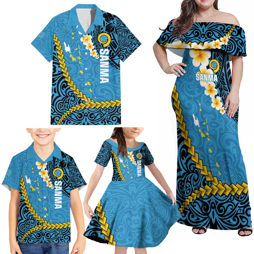 Sanma Province Family Matching Off Shoulder Maxi Dress and Hawaiian Shirt Vanuatu Pattern Myna Bird - Plumeria Flag Color LT14 - Polynesian Pride