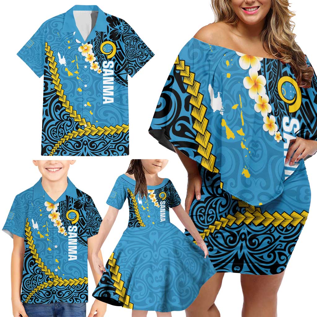Sanma Province Family Matching Off Shoulder Short Dress and Hawaiian Shirt Vanuatu Pattern Myna Bird - Plumeria Flag Color LT14 - Polynesian Pride