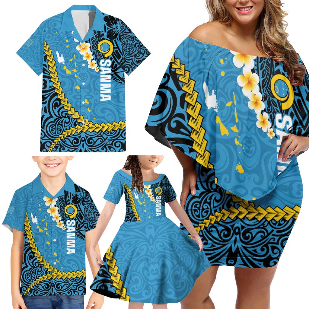 Sanma Province Family Matching Off Shoulder Short Dress and Hawaiian Shirt Vanuatu Pattern Myna Bird - Plumeria Flag Color