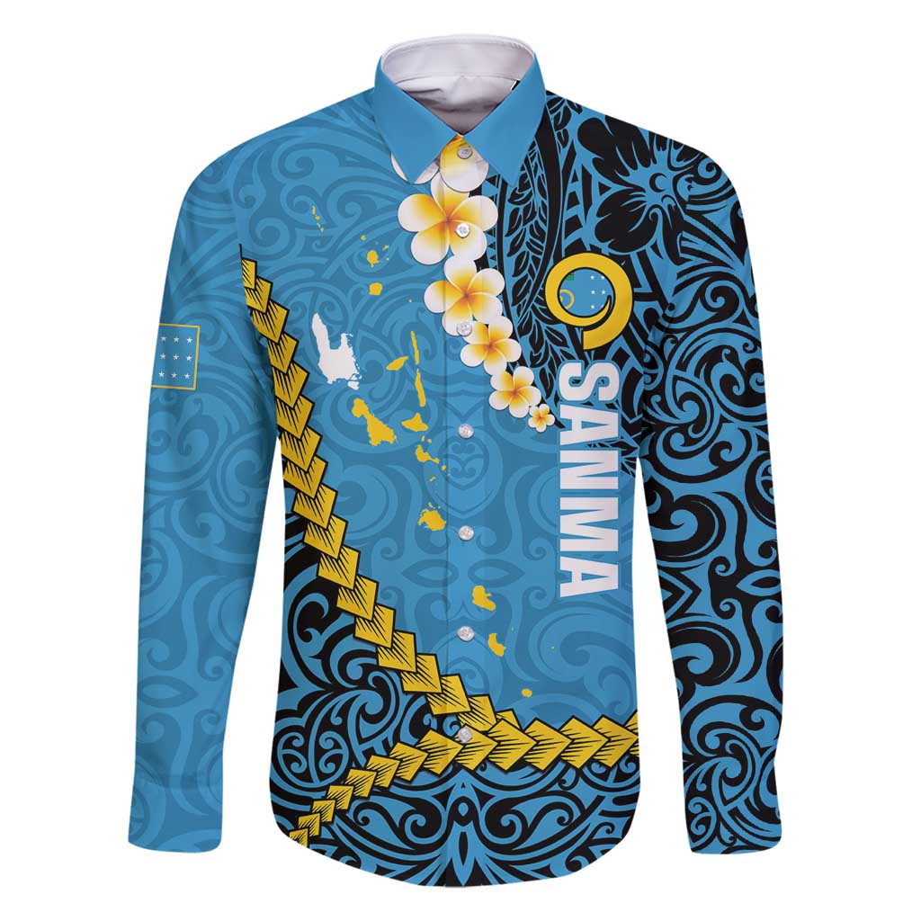 Sanma Province Family Matching Off Shoulder Short Dress and Hawaiian Shirt Vanuatu Pattern Myna Bird - Plumeria Flag Color LT14 Dad's Shirt - Long Sleeve Blue - Polynesian Pride