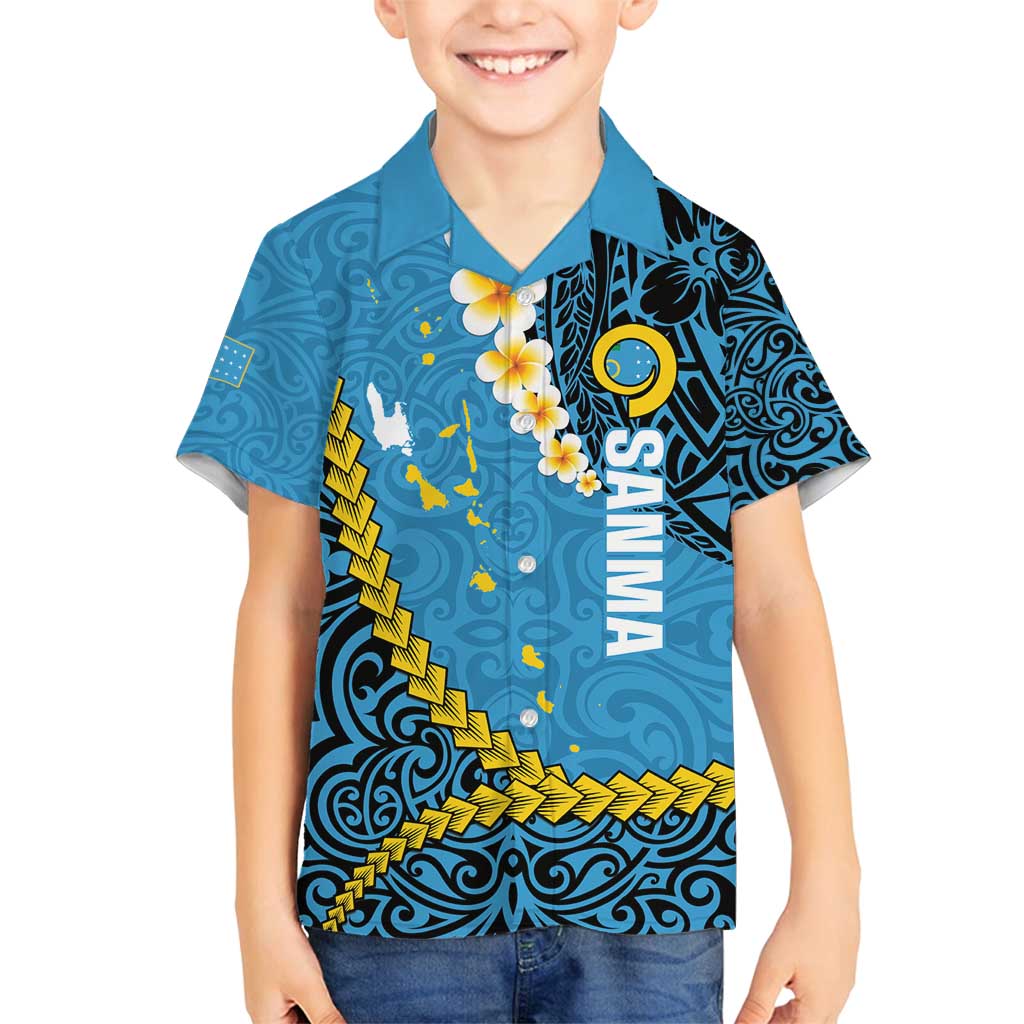 Sanma Province Family Matching Off Shoulder Short Dress and Hawaiian Shirt Vanuatu Pattern Myna Bird - Plumeria Flag Color LT14 Son's Shirt Blue - Polynesian Pride