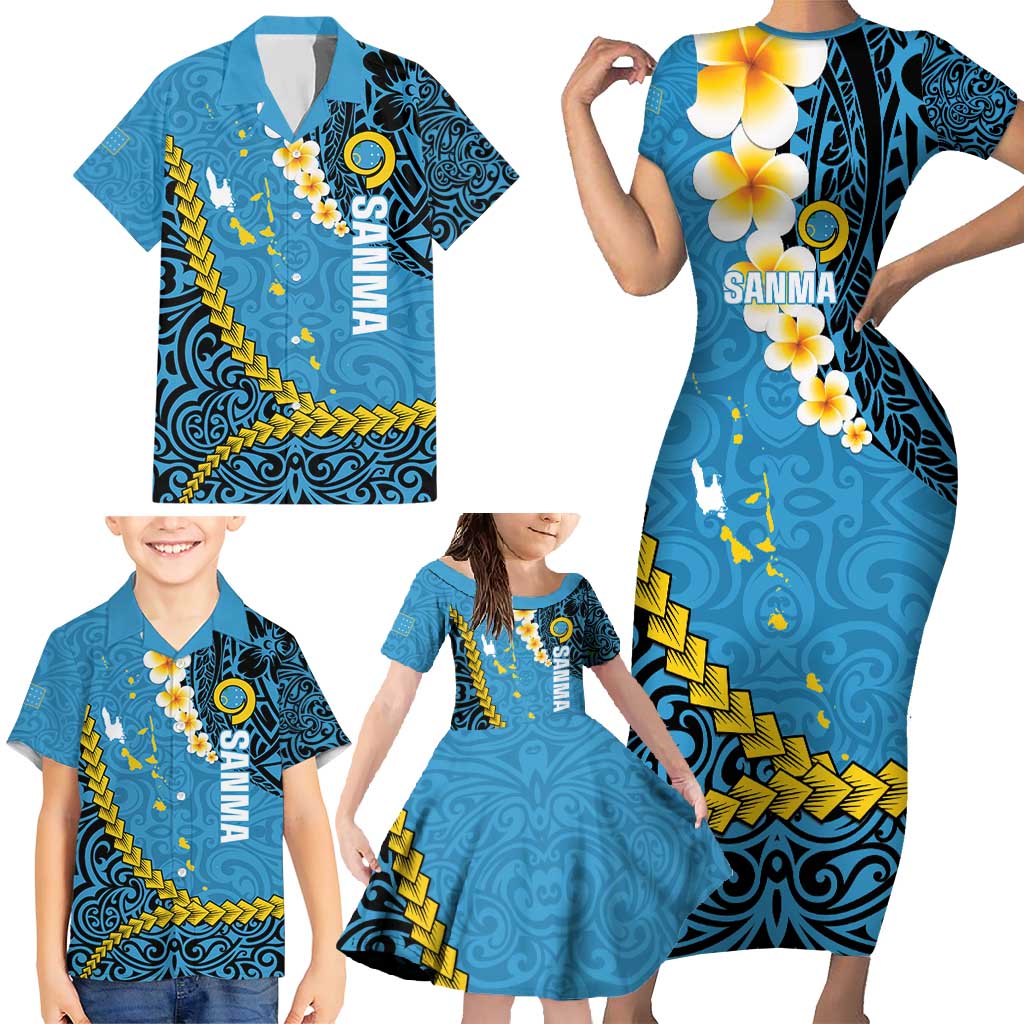 Sanma Province Family Matching Short Sleeve Bodycon Dress and Hawaiian Shirt Vanuatu Pattern Myna Bird - Plumeria Flag Color