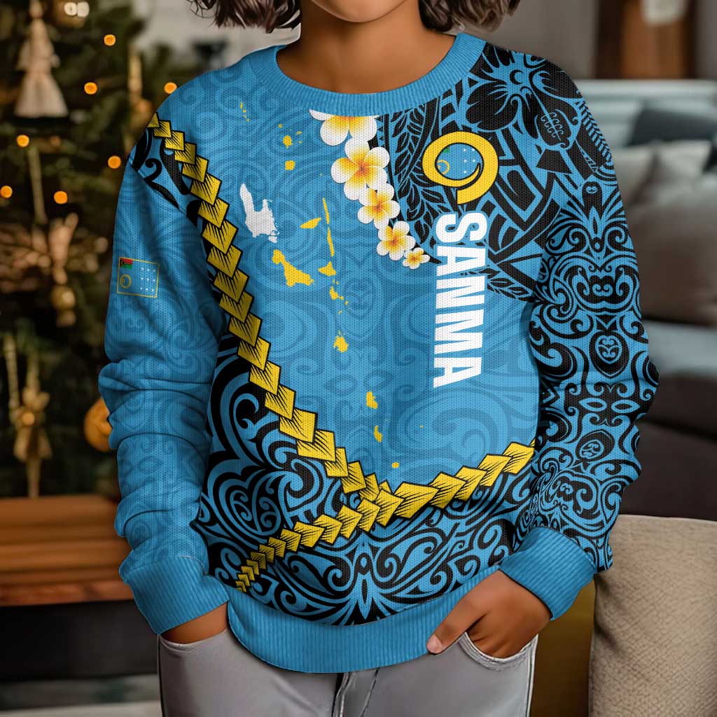 Sanma Province Kid Ugly Christmas Sweater Vanuatu Pattern Myna Bird - Plumeria Flag Color