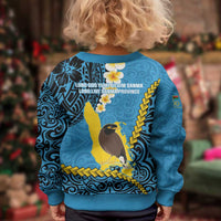 Sanma Province Kid Ugly Christmas Sweater Vanuatu Pattern Myna Bird - Plumeria Flag Color