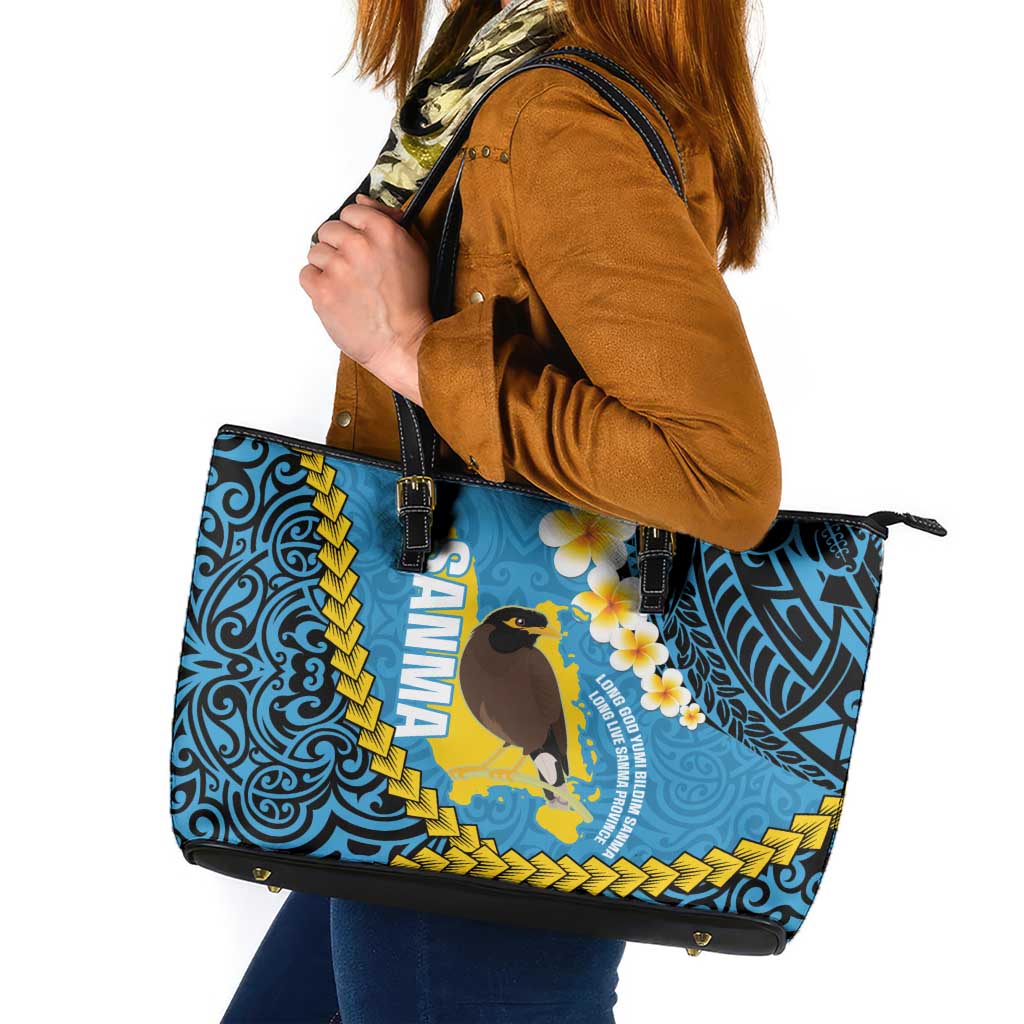 Sanma Province Leather Tote Bag Vanuatu Pattern Myna Bird - Plumeria Flag Color