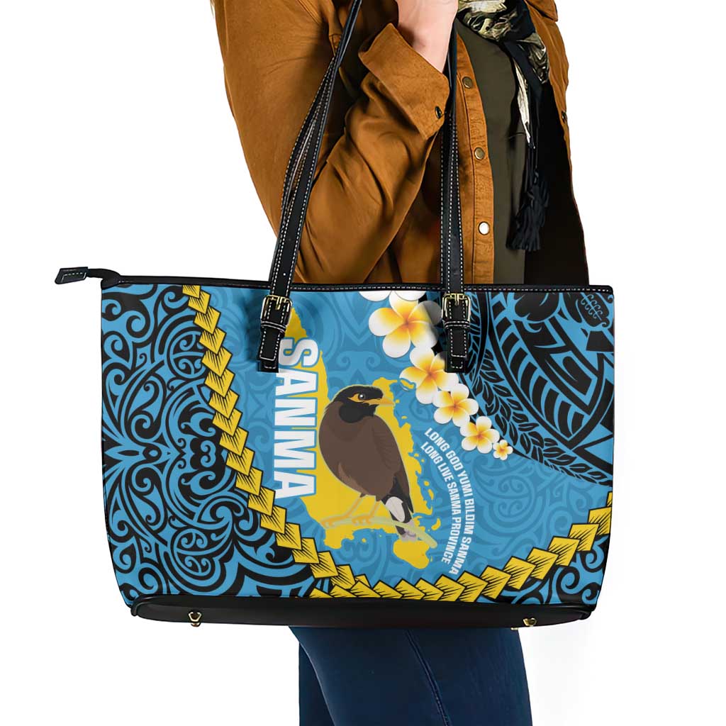 Sanma Province Leather Tote Bag Vanuatu Pattern Myna Bird - Plumeria Flag Color LT14 - Polynesian Pride