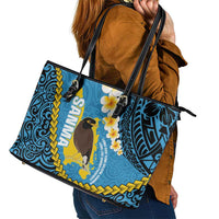 Sanma Province Leather Tote Bag Vanuatu Pattern Myna Bird - Plumeria Flag Color LT14 - Polynesian Pride