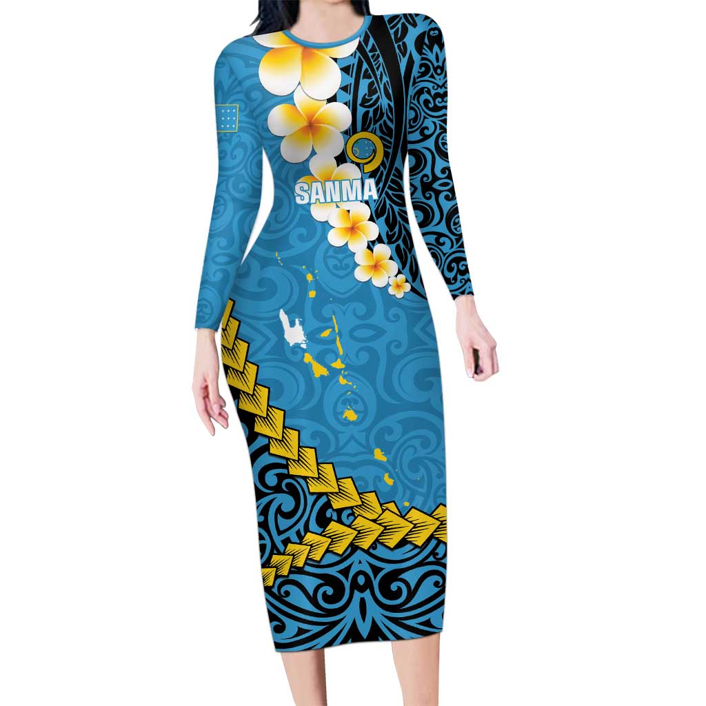 Sanma Province Long Sleeve Bodycon Dress Vanuatu Pattern Myna Bird - Plumeria Flag Color