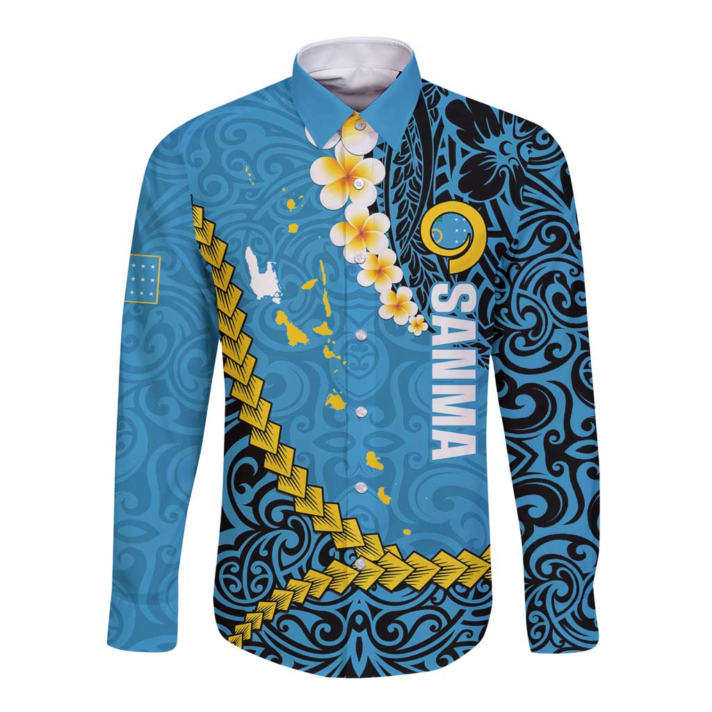 Sanma Province Long Sleeve Button Shirt Vanuatu Pattern Myna Bird - Plumeria Flag Color